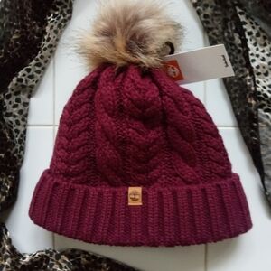 Timberland Burgundy Knit Beanie with Pom
